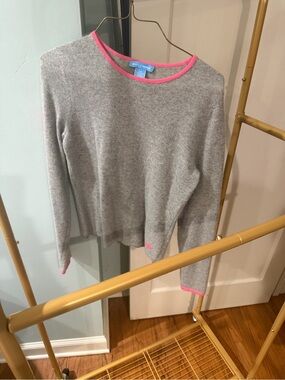 White + Warren Gray Crewneck Sweater with Pink Trim